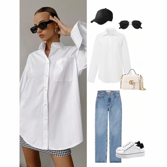 White Loose Fitting Dress Shirt Button Down, Long Sleeve - Picture 6 of 9